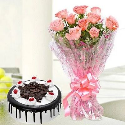 10 Pink Roses And Black Forest Cake Standard