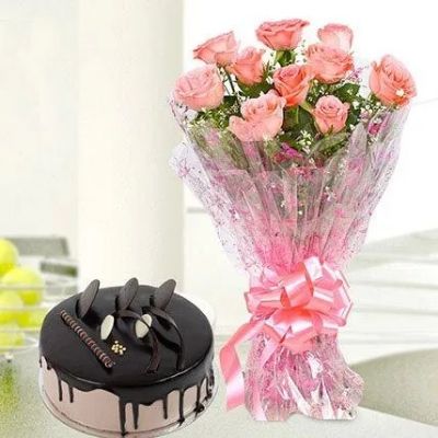 10 Pink Roses And Chocolate Cake Combo Standard