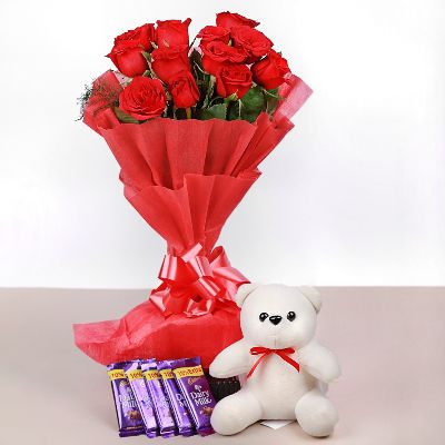 Red Roses with Teddy and Chocolate