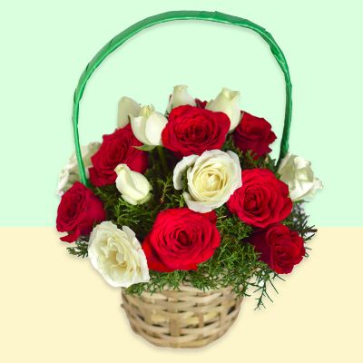 Radiant Wishes A basket of Red and White Roses
