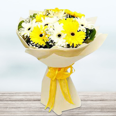 Mix Gerbera Flowers Bouquet In White Wrapping