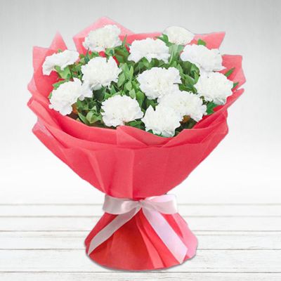 Lovely White Carnation In Red Wrapping