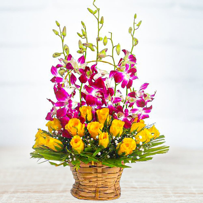 Perfect Basket Arragement Of Orchids And Yellow Roses