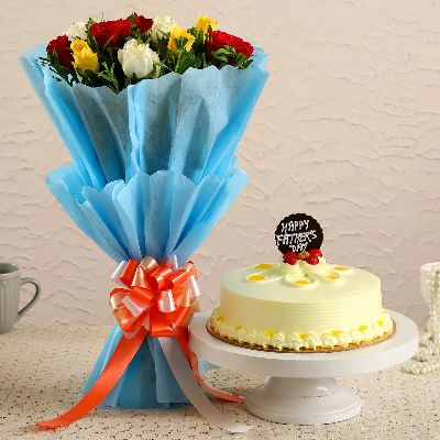 Fathers Day Mixed Rose Bouquet and Butterscotch Cake