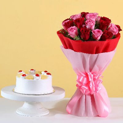 Pink N Red Roses & Pineapple Cake Combo
