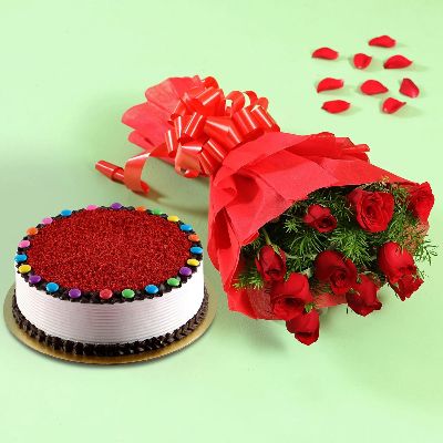 Red Roses & Embellished Red Velvet Cake