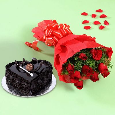 Red Roses & Heart Shaped Chocolate Cream Cake