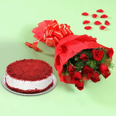 Red Roses & Red Velvet Cake- Half Kg