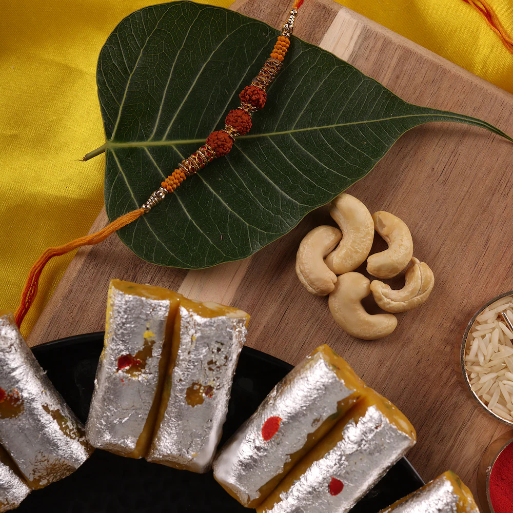Rudraksha Beads Rakhi And Roll Kaju Katli