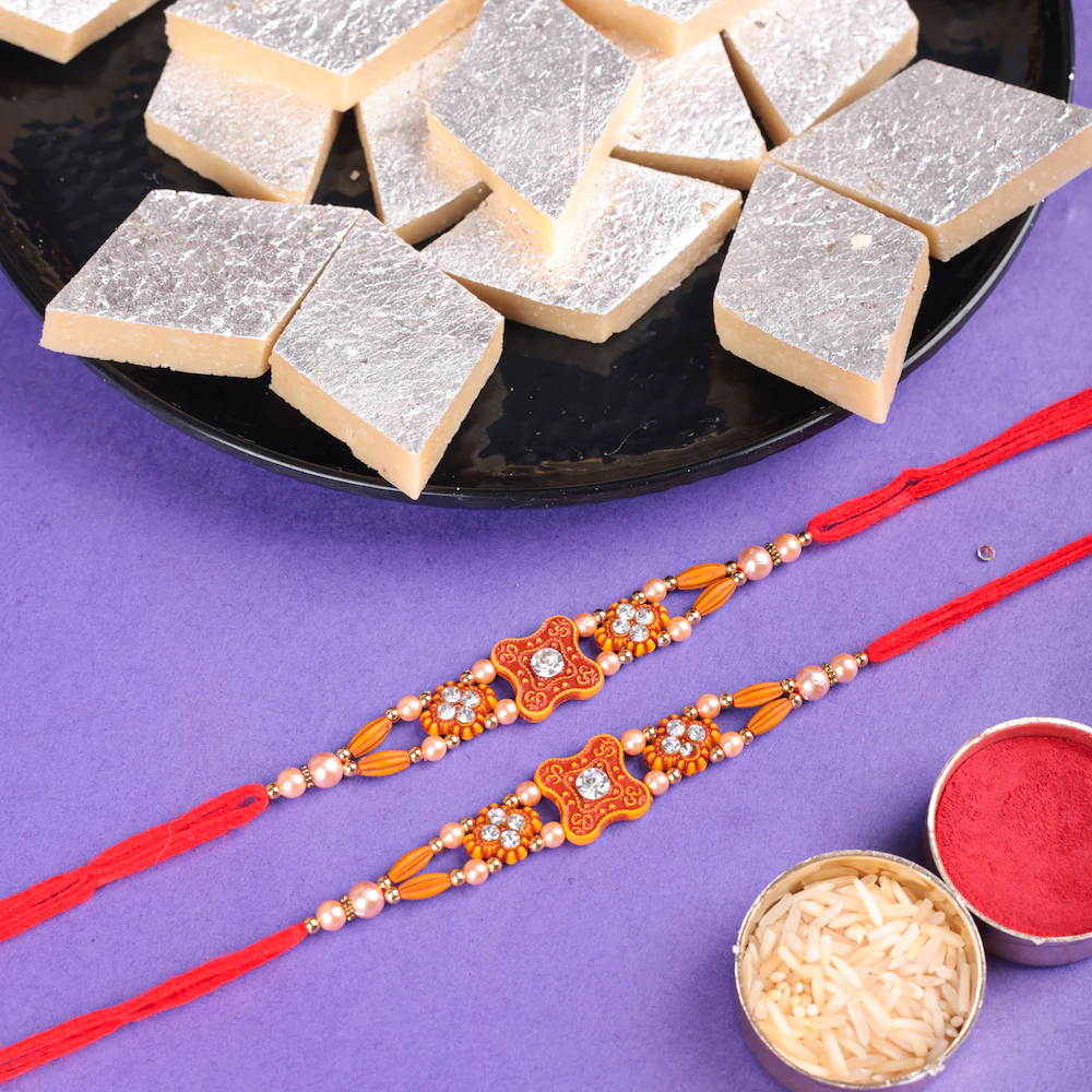  Mix Beads Set Of 2 Rakhi With Kaju Katli