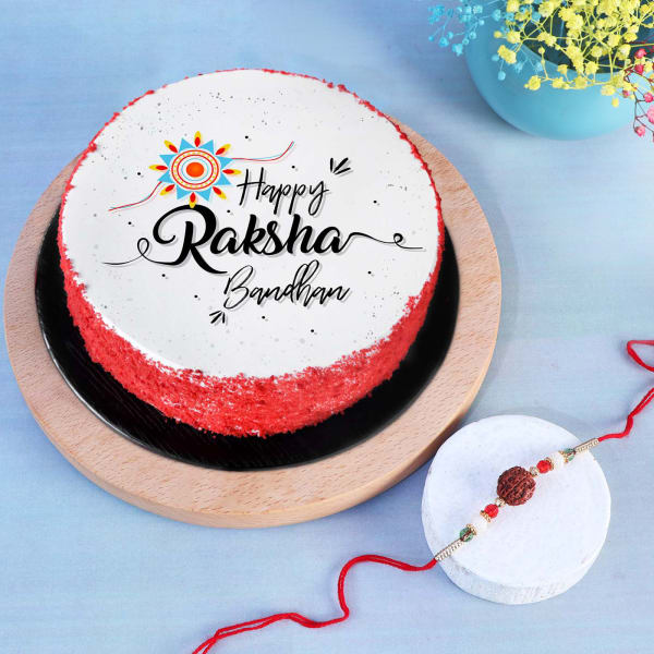  Rudraksh Rakhi With Happy Raksha Bandhan Red Velvet Cake (Half kg)